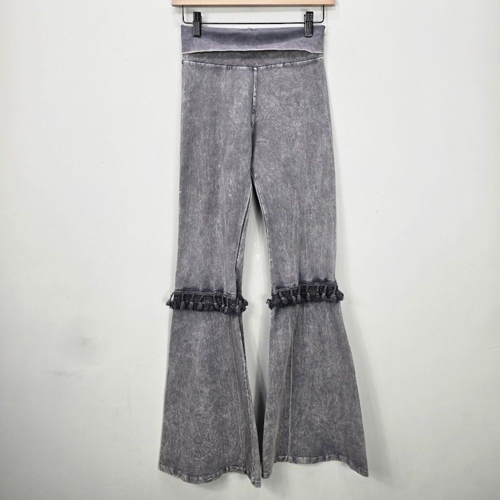 T Party Foldover Flare Leggings Pants S‎ Gray Y2K Grunge Tassles Boho Festival